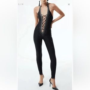 Black Deep V Halter Neck Jumpsuit with Crystals